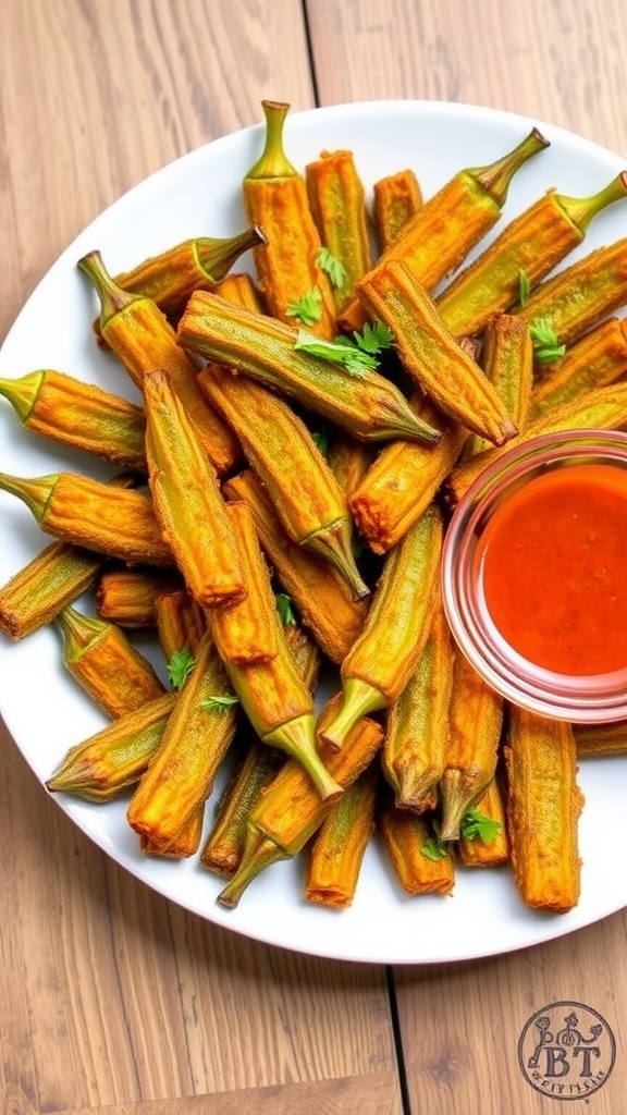 Crispy air-fried okra served with dipping sauce on a rustic table.